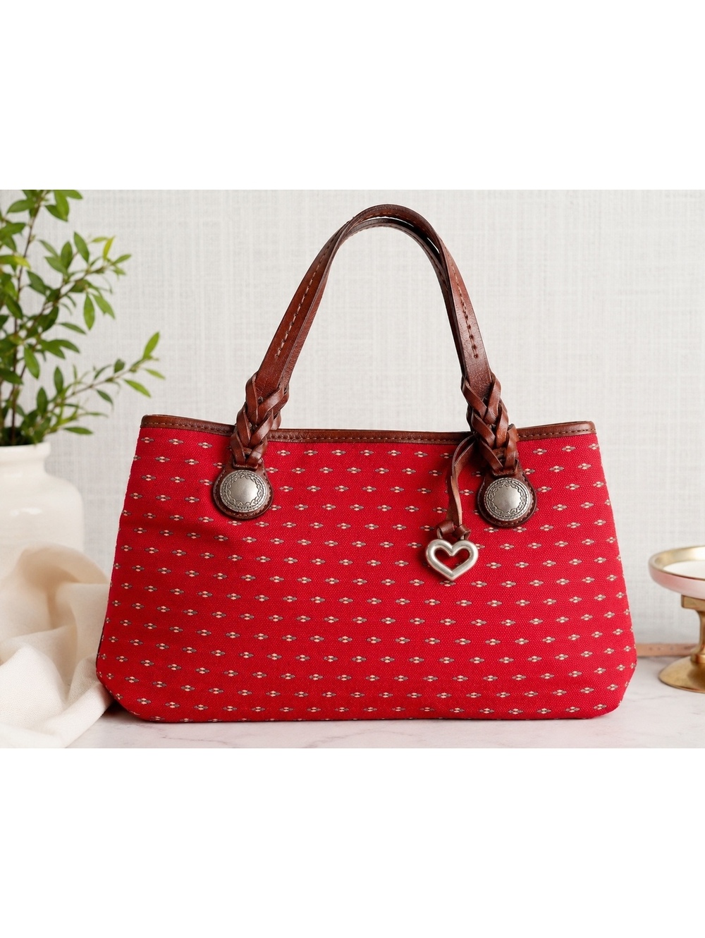 Vintage Brighton Red Canvas & Leather Satchel Handbag Heart Charm